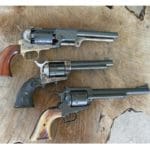 The top revolver is a 1910 vintage Colt in 32-20 and the bottom revolver is a “blackpowder frame” Cimarron in the same caliber. Five ground groups were fired back to back comprising the overall group. Handling characteristics are virtually  identical. The sights are of the narrow type used before 1920. While less-favored than the later and current sight picture, they can be used for precision shooting. (courtesy Mike Cumpston for The Truth About Guns)