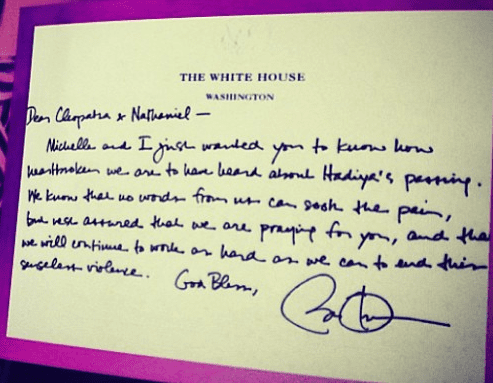President Obama's note to the parents of murder victim Hadiya Pendleton (courtesy instgram.com)