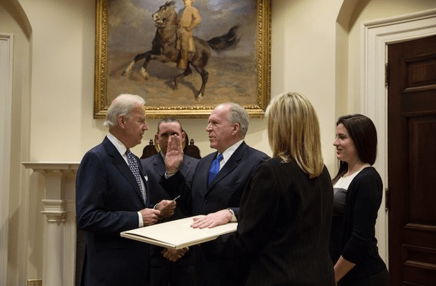 Joe "Double Barrel" Biden administers the Oat of Office to freshly-minted CIA Chief John "Fast and Furious" Brennan (courtesy The White House)