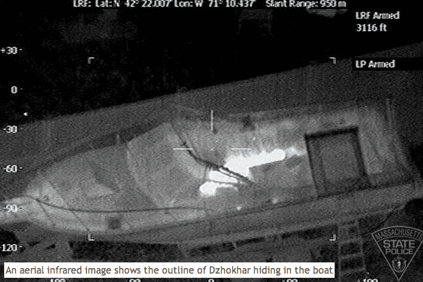 Infrared imagae of Dzhokar "hiding" (wounded?) in Watertown boat (courtesy Massachusetts State Police)