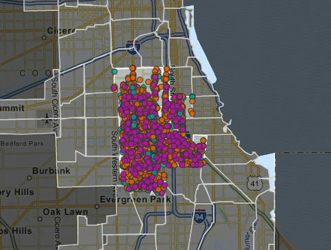 Crime map for one week in Englewood neighborhood of Chicago (courtesy chicagotribune.com)