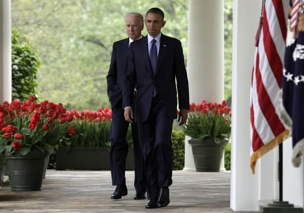 Vice President Biden and President Obama walking to post Senate vote press conference yesterday. (courtesy Reuters)