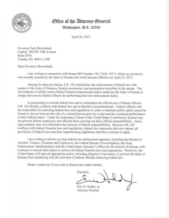 US AG Holder's letter to Kansas Governor Brownback