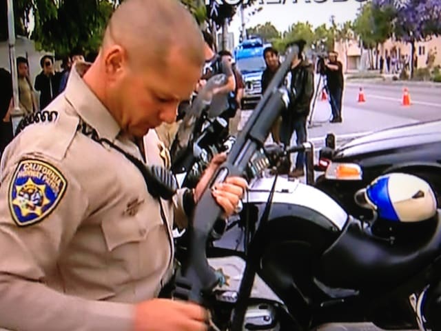 CHiP officer tooling-up for Santa Monica College active shooter (courtesy CNN)