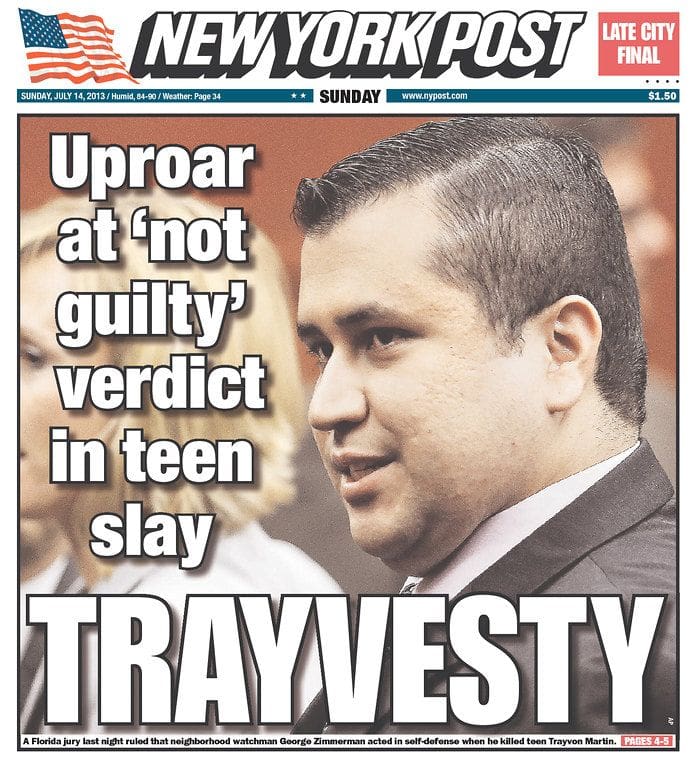 New York Post headline on George Zimmerman verdict (courtesy pinterest.com)