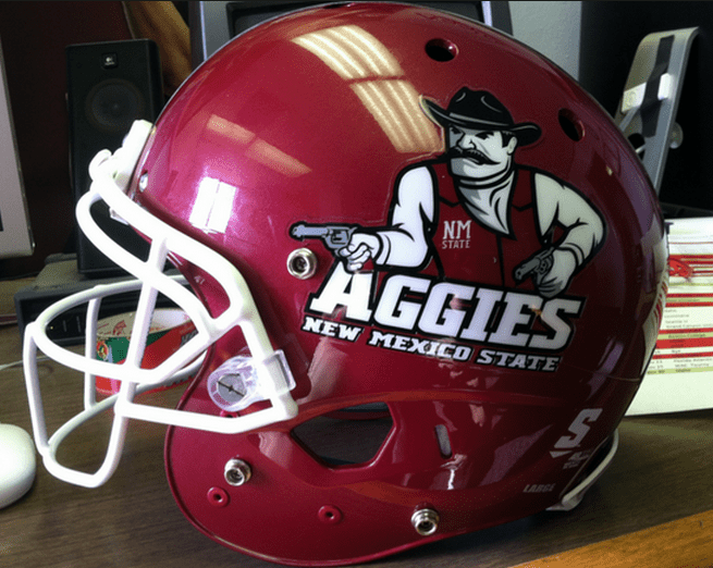 New Mexico State football helmet, compete with Pistol Pete (courtesy usatoday.com)
