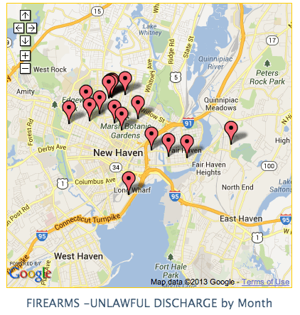 Unlawful discharges in New Haven Mon, Jul 1, 2013  -  Wed, Jul 31, 2013 (courtesy newhavencrimelog.org)