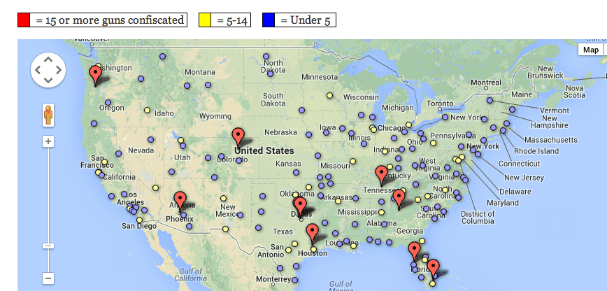 Map of TSA gun confiscations (first six months 2012) (courtesy nationalsecurityzone.org)