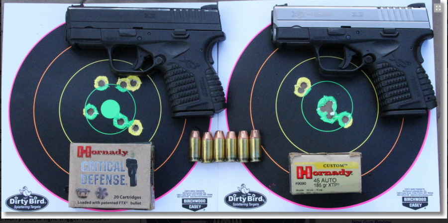 "I carry Hornady Critical Defense in my XD-S. This is the 185 grain FTX bullet in .45ACP. At 10 yards, rested, the left group of my original carry gun is quite good for an out of the box pocket pistol. On the upgraded XD-S, right, three of the six shots went into the same ragged hole exactly to point of aim. This was the same disparity with 230 grain Speer Lawman roundball, though the Hornady groups were of course overall much smaller. Same barrel, same grip, same feel. What makes the gun shoot better? The upgrade!" (pic and text courtesy gunsamerica.com)