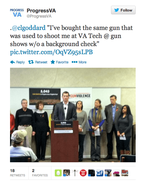 ProgressVA tweets VA Tech victim Colin Goddard on their gun purchase (courtesy twitter.com)