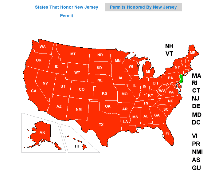 States that NJ recognizes for concealed carry marked in green (courtesy usacarry.com)