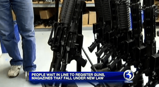 Gun owners wait in line to register "assault rifles" and "high capacity magazines" ahead of Connecticut's deadline (courtesy wfsb.com)
