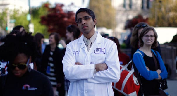 Doctor Murthy stands outside the Supreme Court during legal arguments over the Affordable Care Act in Washington