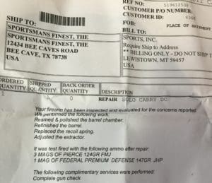 Repair order for Kimber Solo (courtesy The Truth About Guns)