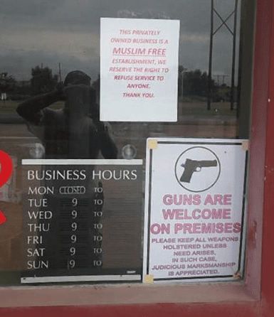 "Muslim Free" sign at OK's Save Yourself Survival and Tactical Gun Range (courtesy (nydailynews.com)