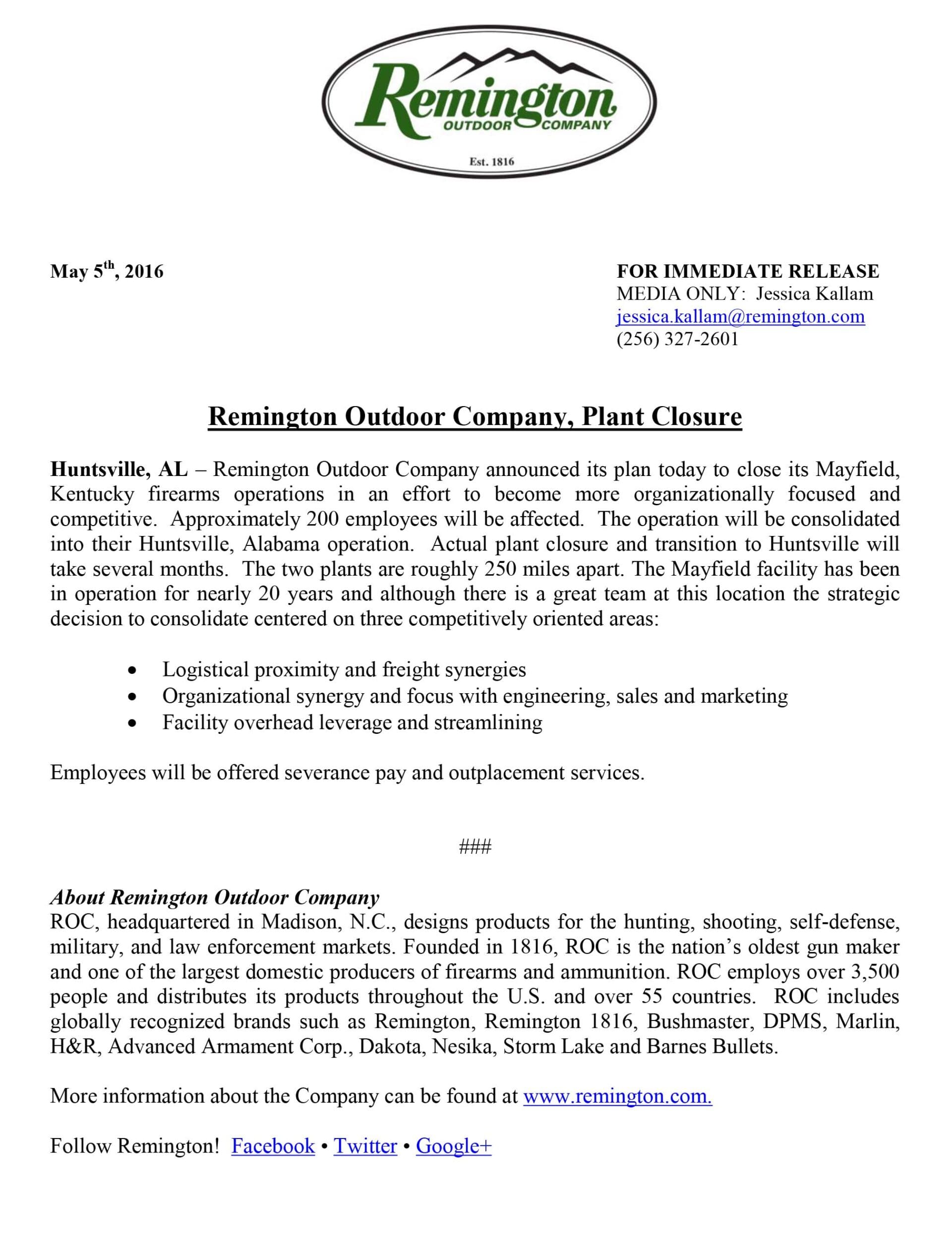 Remington Outdoor Company, Plant Closure PR 05.05.16