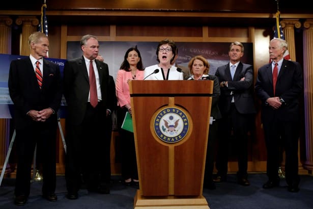 Senator Susan Collins (R-ME) speaks at a news conference with a bipartisan group of senators on Capitol Hill in Washington, D.C., U.S., to unveil a compromise proposal on gun control measures, June 21, 2016. REUTERS/Yuri Gripas - RTX2HG4B