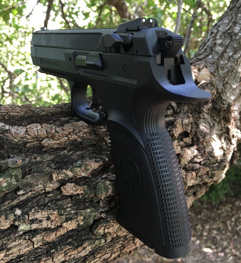 Ergonomically challenging slide stop and safety/decocker on Magnum Research/BUL Ltd. Baby Desert Eagle III (courtesy thetruthaboutguns.com)