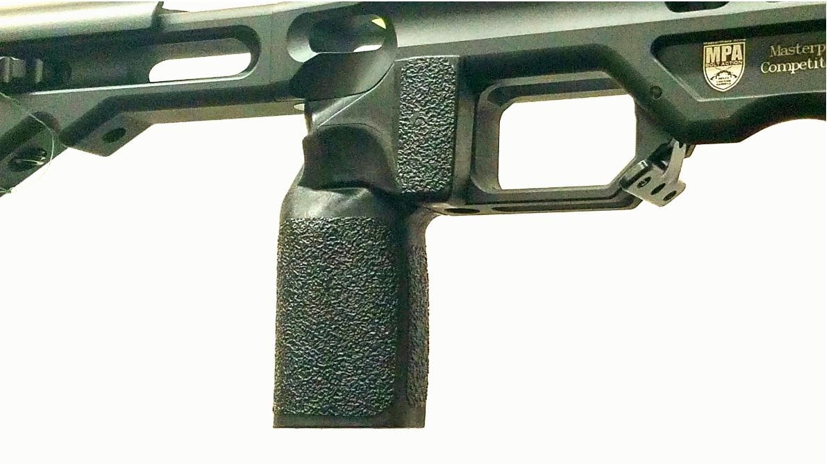 The grip design includes a true vertical interface with the rifle, an enlar...
