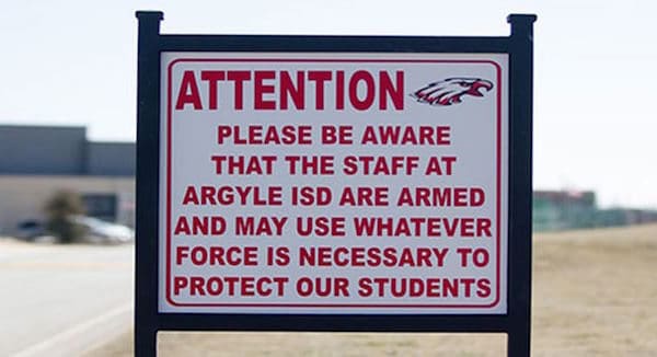 Texas private school's amed teachers sign (courtesy federalistpapers.com)