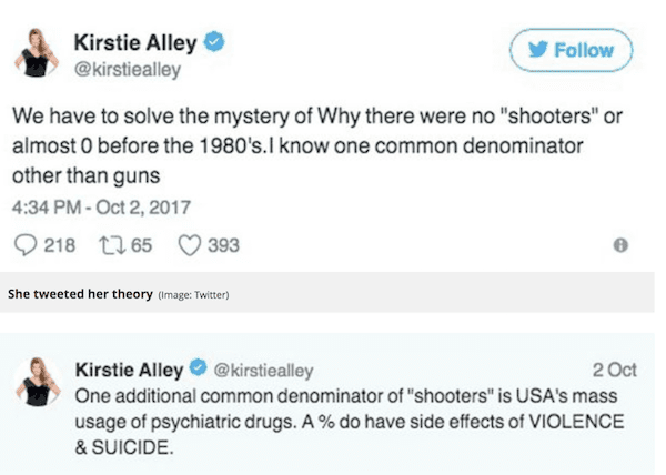 Kirstie Alley tweets about drugs and mass killings (courtesy twitter.com)