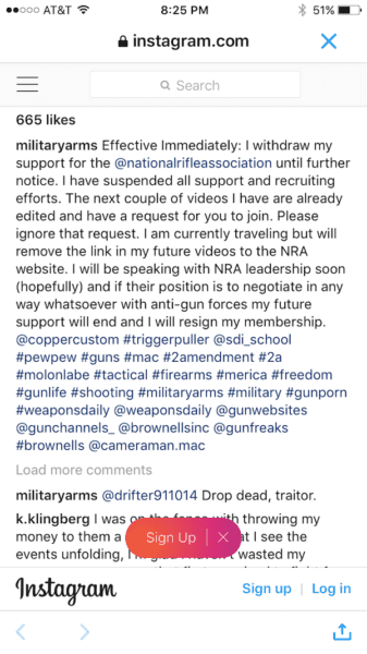 Military Arms channel post disowning the NRA (courtesy instagram)