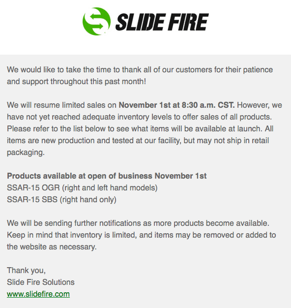 Slide Fire announces they'll resume sales of bump fire stocks on November 1.