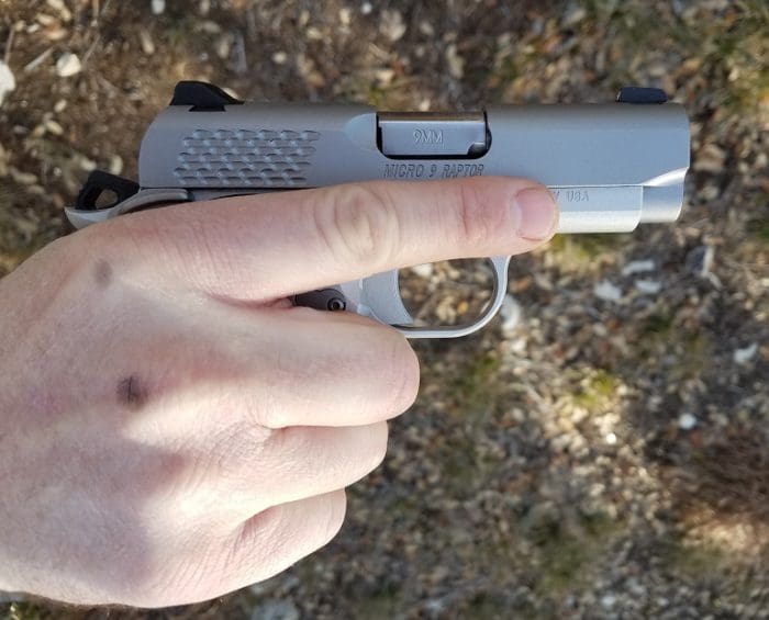 Kimber Micro 9 Raptor in hand (image courtesy of JWT for thetruthaboutguns.com)