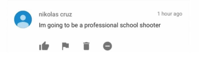 Screen Shot from YouTube video comment left by Nikolas Cruz