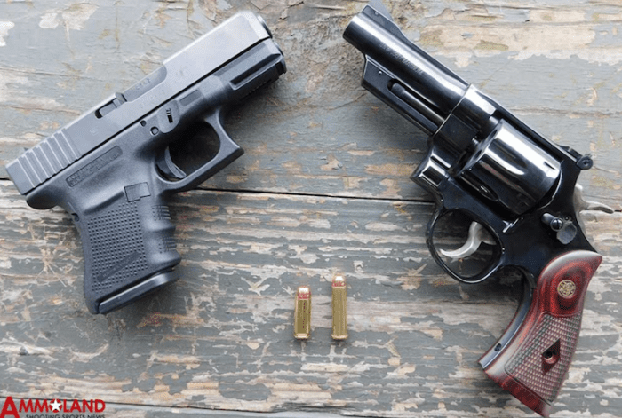 The test subjects- The Glock 29 Gen 4 in 10mm and the Smith & Wesson Model 27 with 3.77 and 4.0 inch barrels (courtesy ammoland.com)