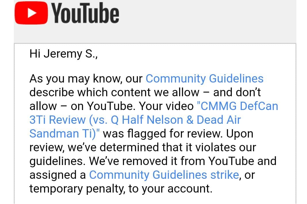 Issues Jeremy's Channel a Community Guidelines Strike - The Truth  About Guns