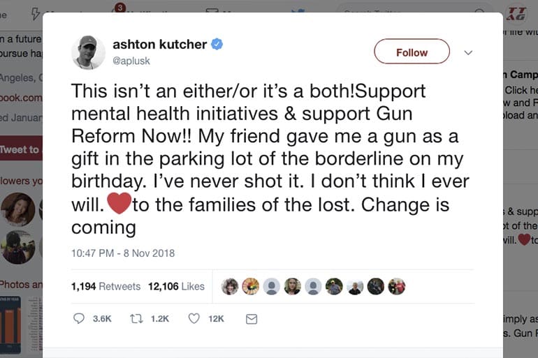 Ashton Kutcher California Gun Control Criminal Law Pistol Tweet