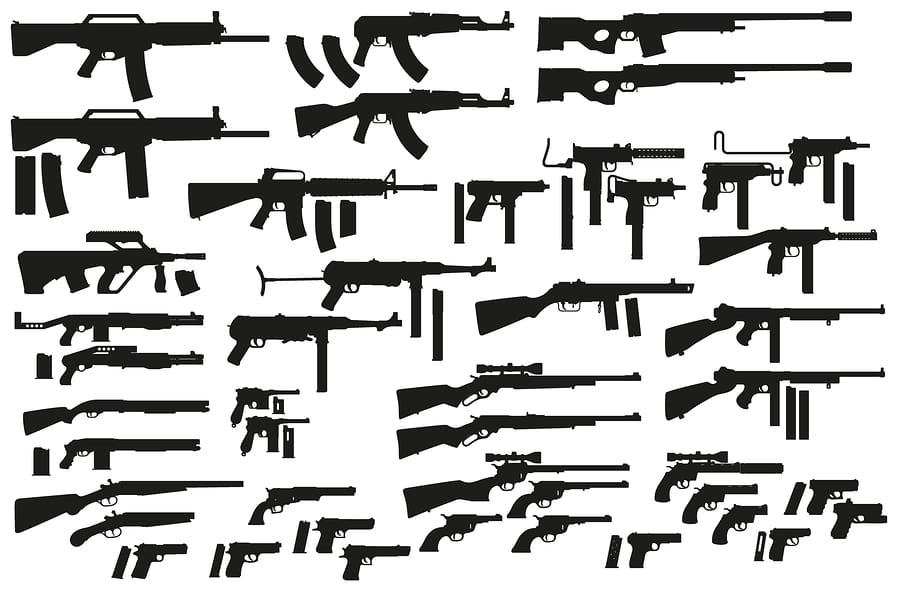 Graphic Black Detailed Silhouette Pistols, Guns, Rifles, Submach