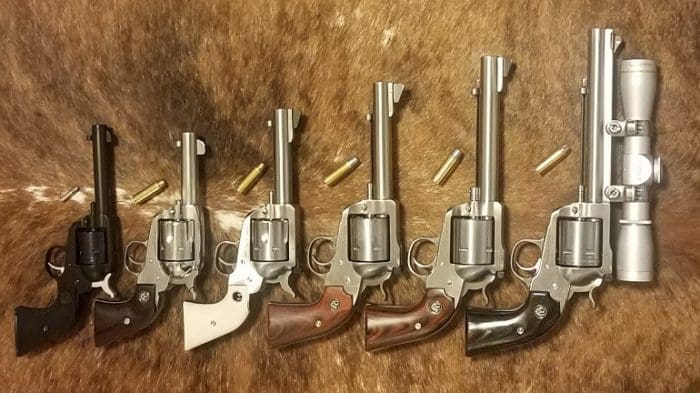 Left to right: Ruger Wrangler, Vaquero, New Model Blackhawk, New Model Blackhawk Bisley, Super Blackhawk, Bisley Hunter. Note hammer and grip shapes. (image courtesy JWT for thetruthaboutguns.com)