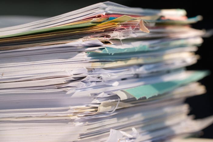Piled Heap High Documents Folders, Stack Business Paper On Desk