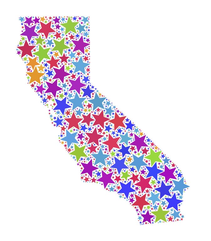Colorful California Map Collage Of Stars, And Scratched Round Re