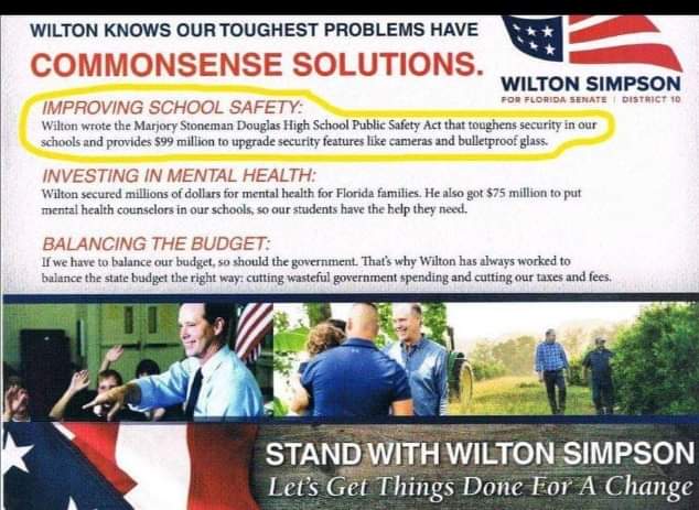 Wilton Simpson’s campaign flyer promoting his authorship of the Parkland Gun Control bill. 