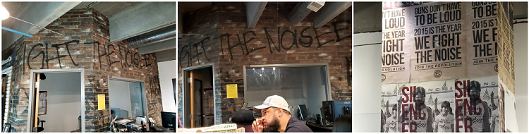 SilencerCo marketing office with Fight the Noise message on the walls.
