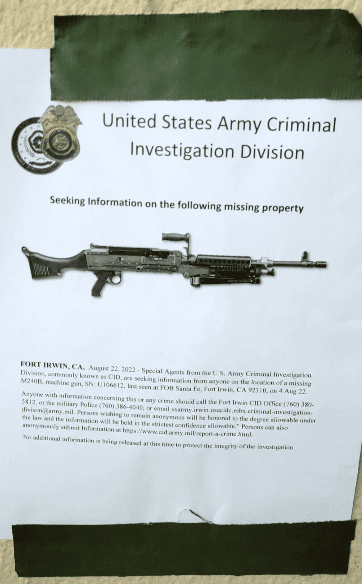 Missing Army M240B machine gun flyer
