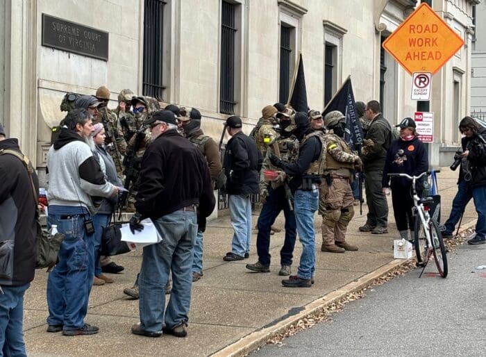 Members of Virginia private militia gather during the Virginia Citizen Defense League's Lobby Day 2024. Doug Howlett Photo